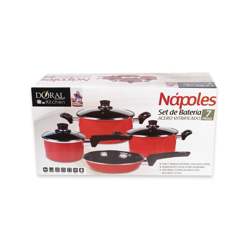 Batería Acero Vitrificado 7 Piezas con Tapa de Vidrio - Línea Nápoles
