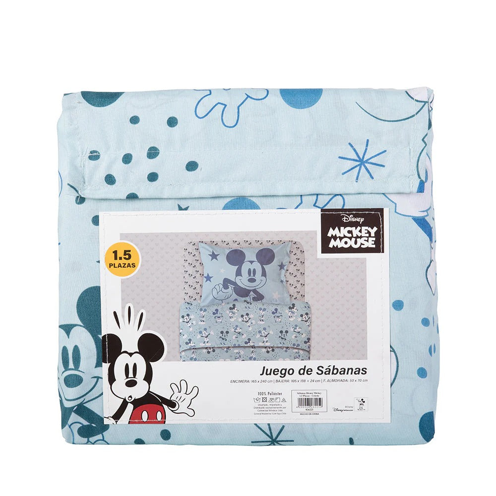 Juego de Sábanas Infantil Microfibra 1,5 Plazas Mickey Celeste
