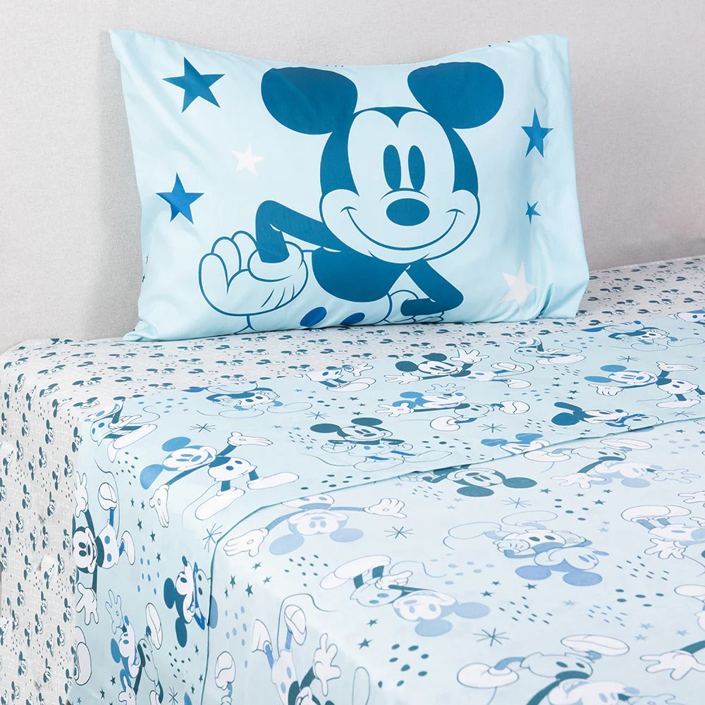 Juego de Sábanas Infantil Microfibra 1,5 Plazas Mickey Celeste